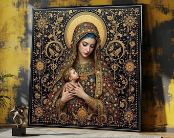 May include: A framed artwork showing a religious figure and child. The artwork has a black background with gold floral patterns and a gold halo. The figures wear ornate, colourful robes. The artwork is displayed on a grey rug against a yellow and black wall.