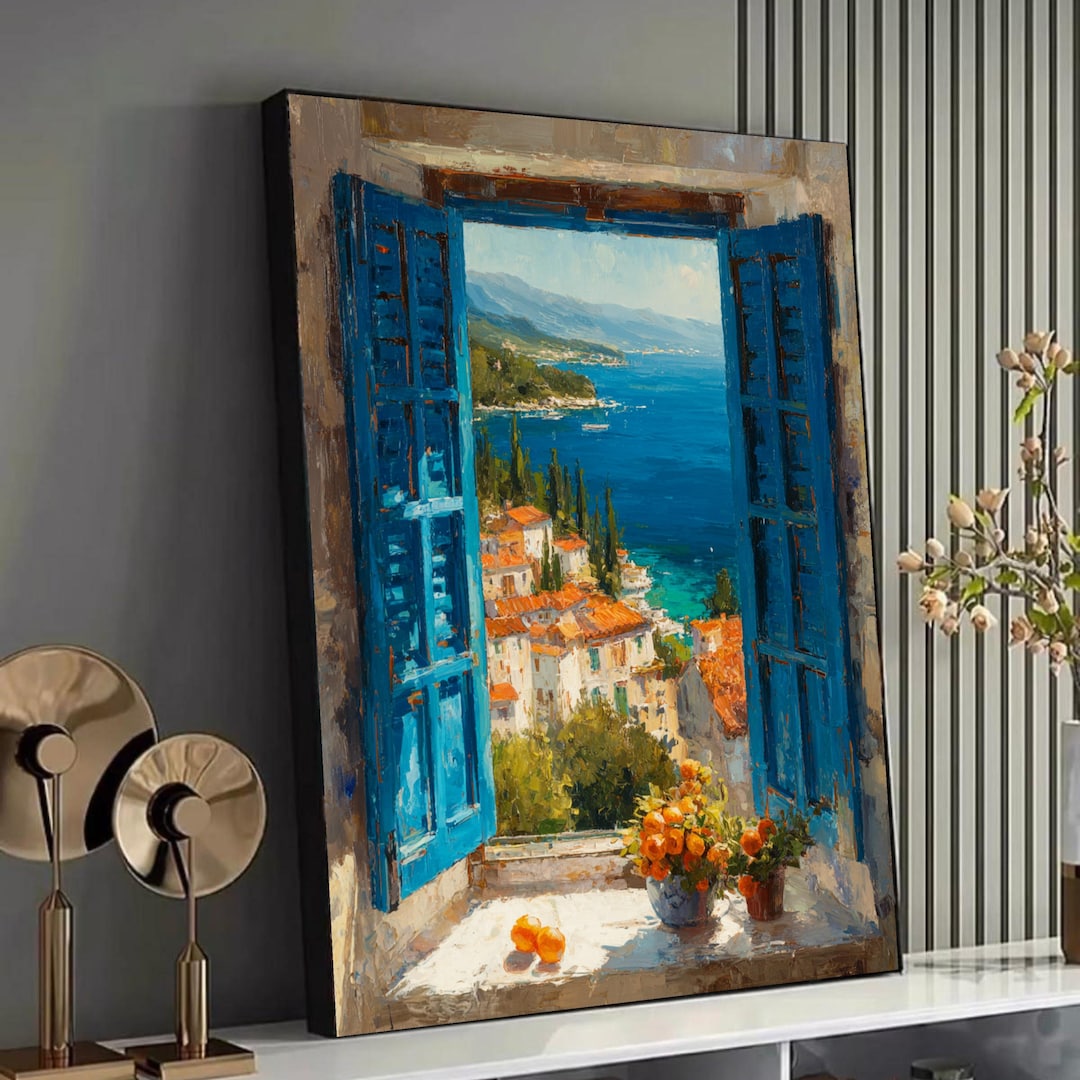 Mediterranean Seaside View Canvas, Open Blue Shutters Wall Art, Coastal ...