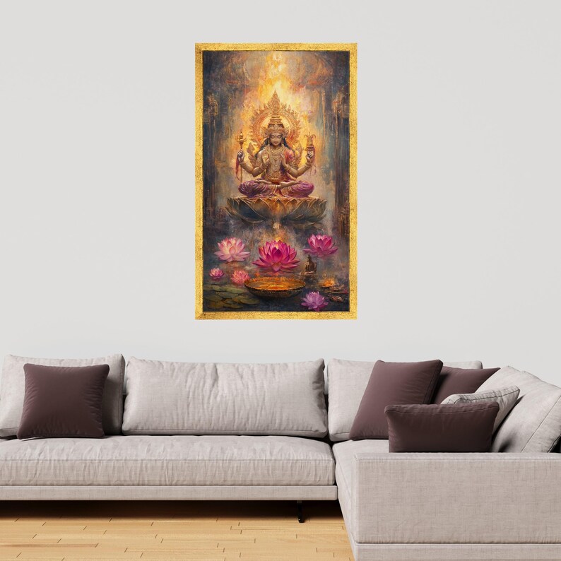 Radiant Hindu Goddess Canvas Wall Art, Lakshmi Sitting on Lotus, Spiritual Divine Painting, Meditation Decor, Bohemian Sacred Art Print image 6