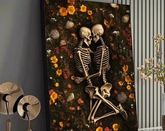 Tela con scheletri che si abbracciano in amore eterno, arte murale gotica romantica, decorazione floreale scura e naturale, arte su tela a tema Halloween