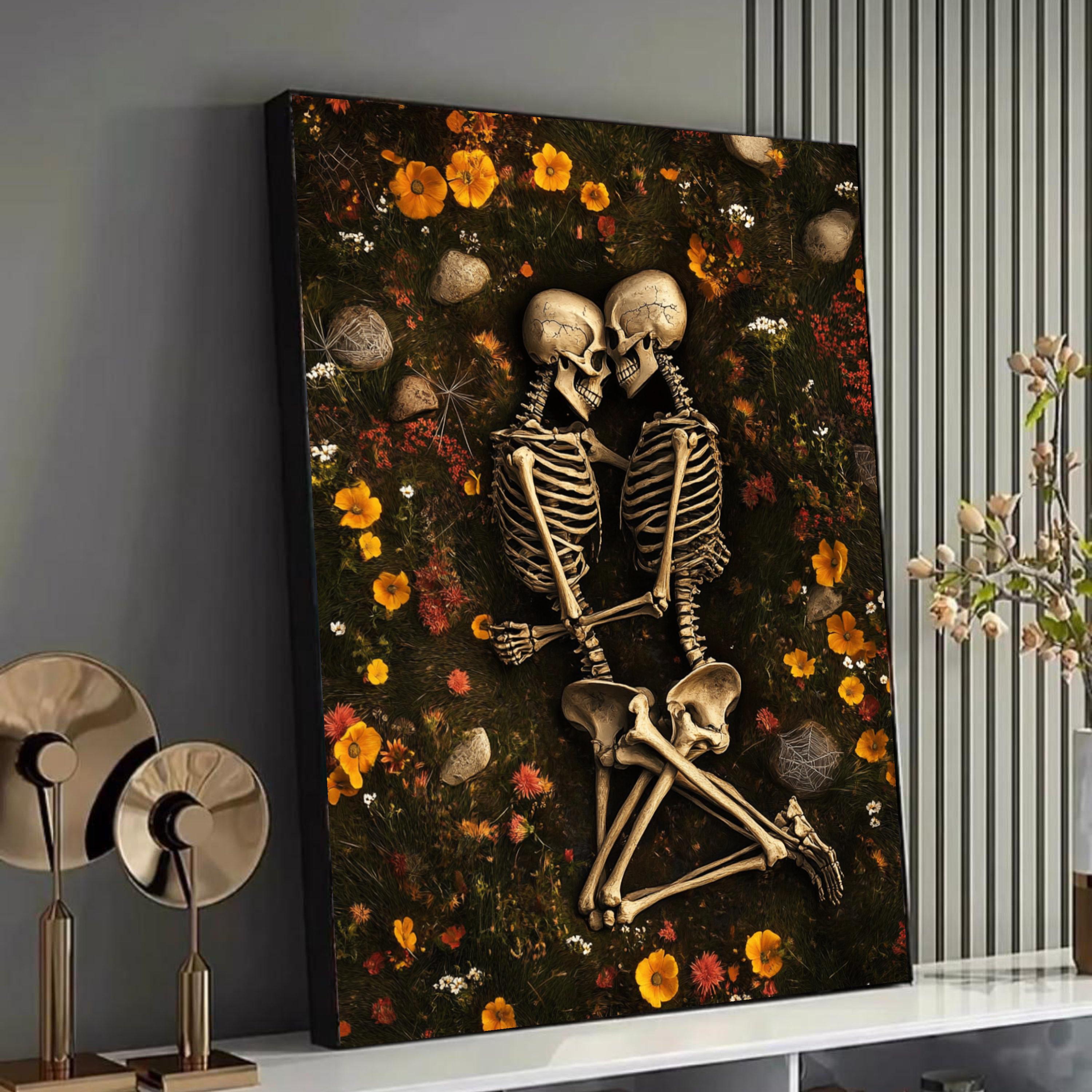 Eternal Love Skeletons Embrace Canvas, Romantic Gothic Wall Art