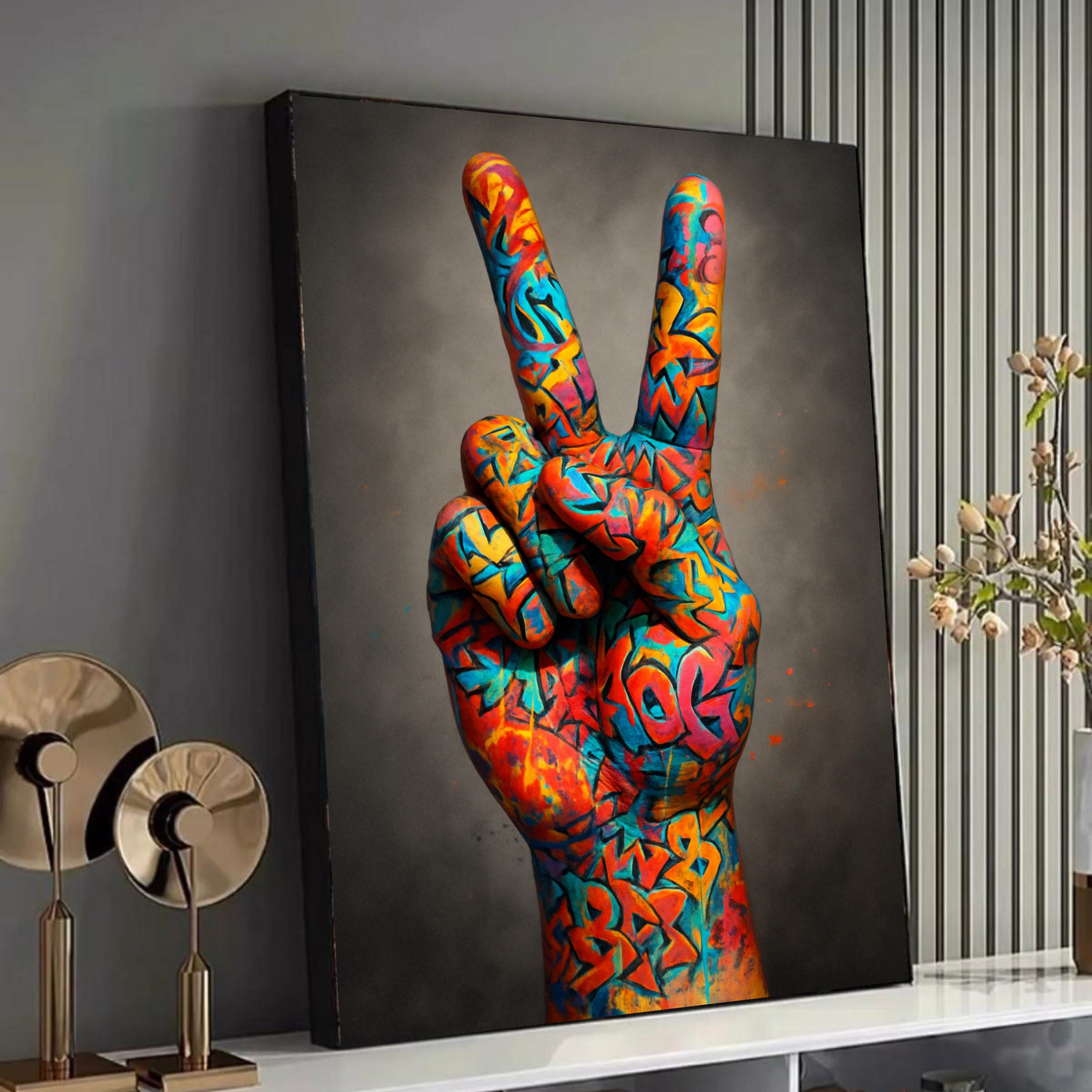 Vibrant Graffiti Peace Sign Hand Canvas, Urban Street Art Wall