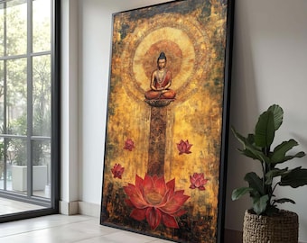 Buddha Meditation Canvas, Golden Mandala Wall Art, Spiritual Home Decor, Lotus Flower Painting, Zen Canvas Artwork, Tranquil Wall Hanging