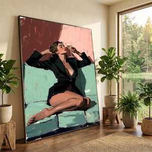 Elegant Woman Relaxing, Martini Glass Canvas, Modern Figurative Wall Art, Sophisticated Home Decor, Chic Lounge Scene Canvas