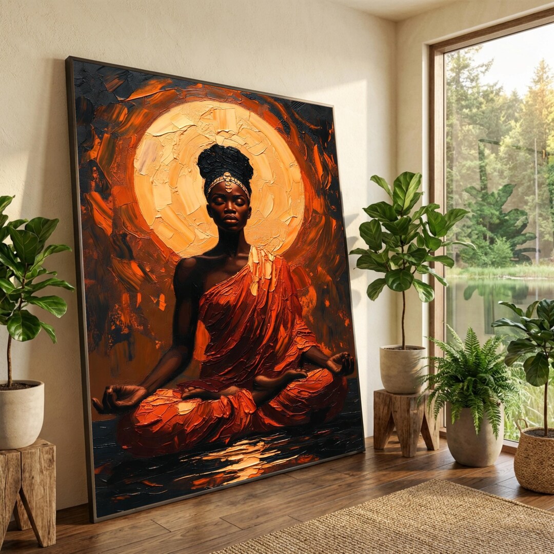 Meditative Woman in Orange Robe Canvas, Spiritual Abstract Art ...