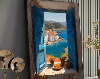 Mediterranean Coastal View, Open Blue Window Canvas, Seaside Village Wall Art, Rustic Home Decor, Landscape Canvas Art, Ready to Hang
