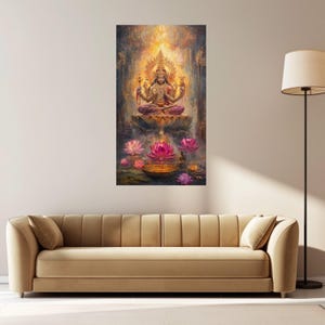 Radiant Hindu Goddess Canvas Wall Art, Lakshmi Sitting on Lotus, Spiritual Divine Painting, Meditation Decor, Bohemian Sacred Art Print image 3
