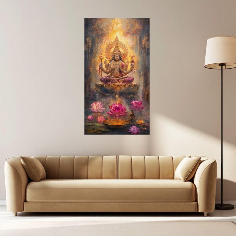 Radiant Hindu Goddess Canvas Wall Art, Lakshmi Sitting on Lotus, Spiritual Divine Painting, Meditation Decor, Bohemian Sacred Art Print image 3