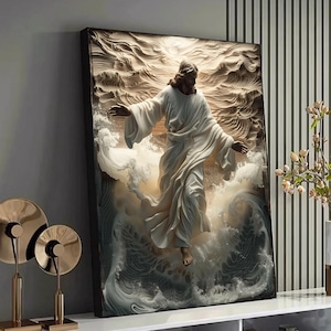 Pode incluir: Uma obra de arte emoldurada retratando uma figura em vestes brancas esvoaçantes com os braços abertos, em um fundo de ondas e nuvens estilizadas. A obra de arte tem um efeito 3D, com uma aparência texturizada e uma paleta de cores quentes e neutras.