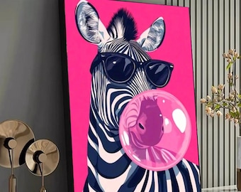 Zebra alla moda con occhiali da sole e tela rosa Bubblegum, divertente decorazione murale con animali, moderna decorazione pop art, vivace tela per la cameretta dei bambini, giocosa fauna selvatica