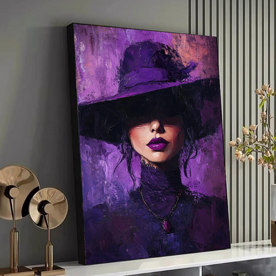 Elegant Woman in Purple Hat Canvas, Glamorous Portrait Wall Art ...