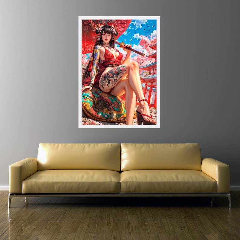 Lienzo de guerrera geisha japonesa, arte de flor de cerezo Sakura, mujer tatuada con katana, decoración de pared con kimono rojo, arte asiático en lienzo imagen 6