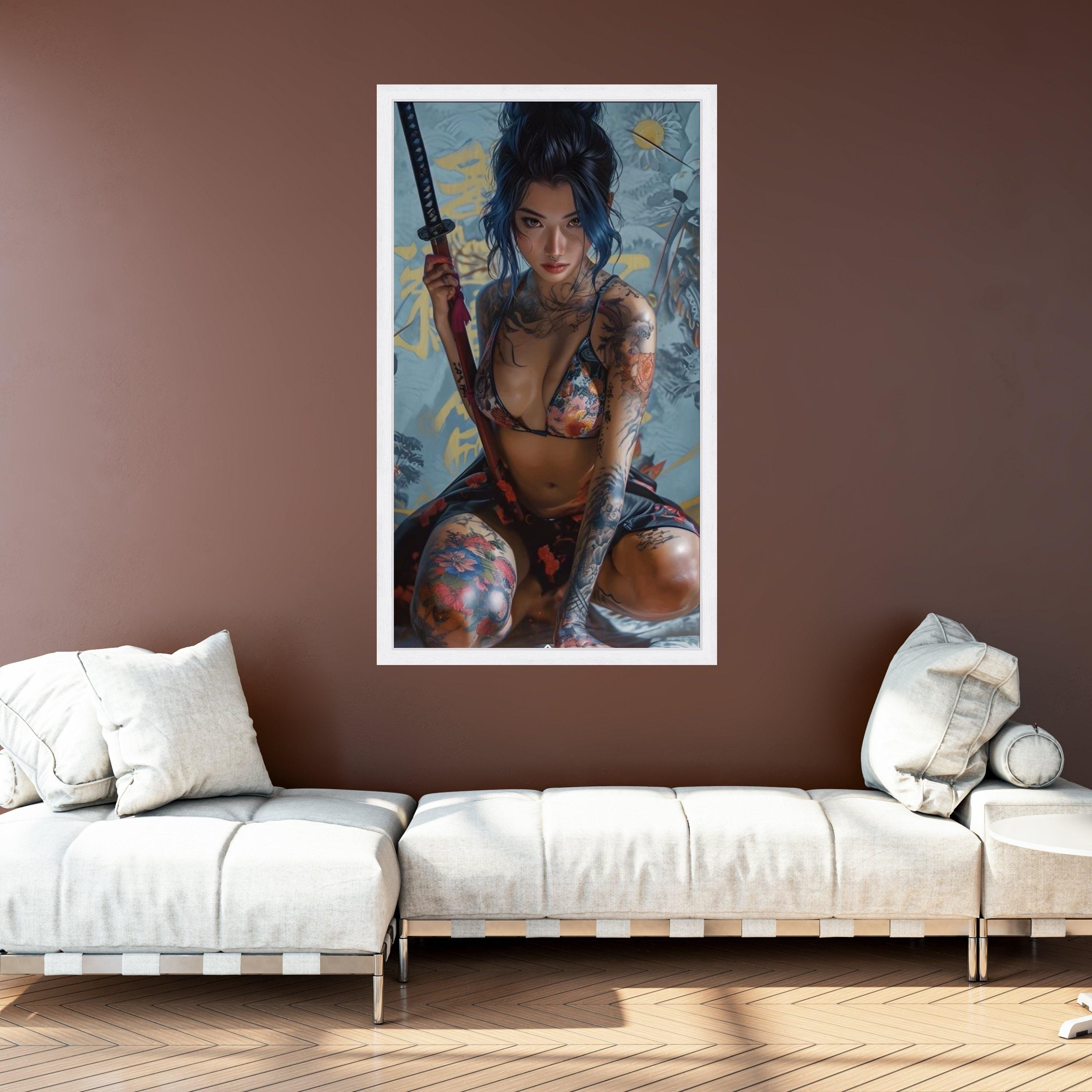 Tattooed Warrior Woman With Katana Sword Canvas Wall Art, Asian Samurai ...