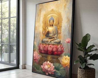 Golden Buddha Statue Canvas Wall Art, Lotus Flower Meditation Canvas, Spiritual Home Decor, Zen Buddhist Artwork, Ready to Hang