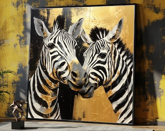 Zebre amorevoli con dettagli dorati su tela, moderna arte murale con animali, dipinto di zebra in bianco e nero, decorazione su tela con animali selvatici, pronta da appendere