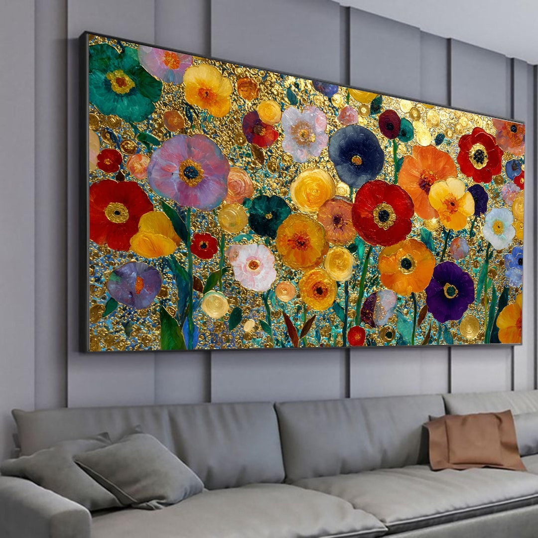 Gustav Klimt Floral Canvas Wall Art, Colorful Flowers With Gold Leaf ...
