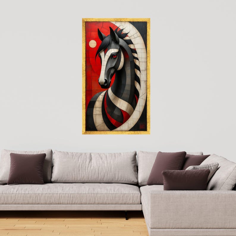 Abstract Black and White Horse Canvas, Modern Geometric Animal Wall Art ...
