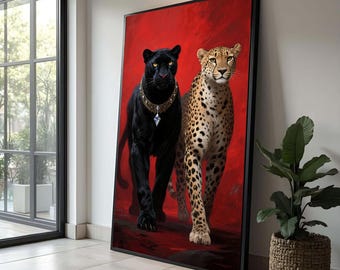 Regal Black Panther and Prickig Cheetah Canvas, Majestätisk väggkonst med djurliv, Exotisk djurdekor, Djärv röd bakgrund, Iögonfallande canvastavla