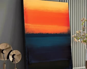 Vibrant Sunset Abstract Canvas, Modern Color Block Wall Art, Warm Orange and Deep Blue Home Decor, Contemporary Painting Canvas