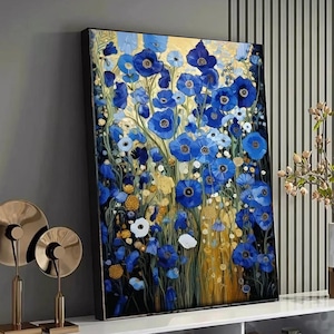 Art mural floral Gustav Klimt, art sur toile fleurs de pavot bleu, toile botanique contemporaine, décoration nature vibrante, toile prête à accrocher
