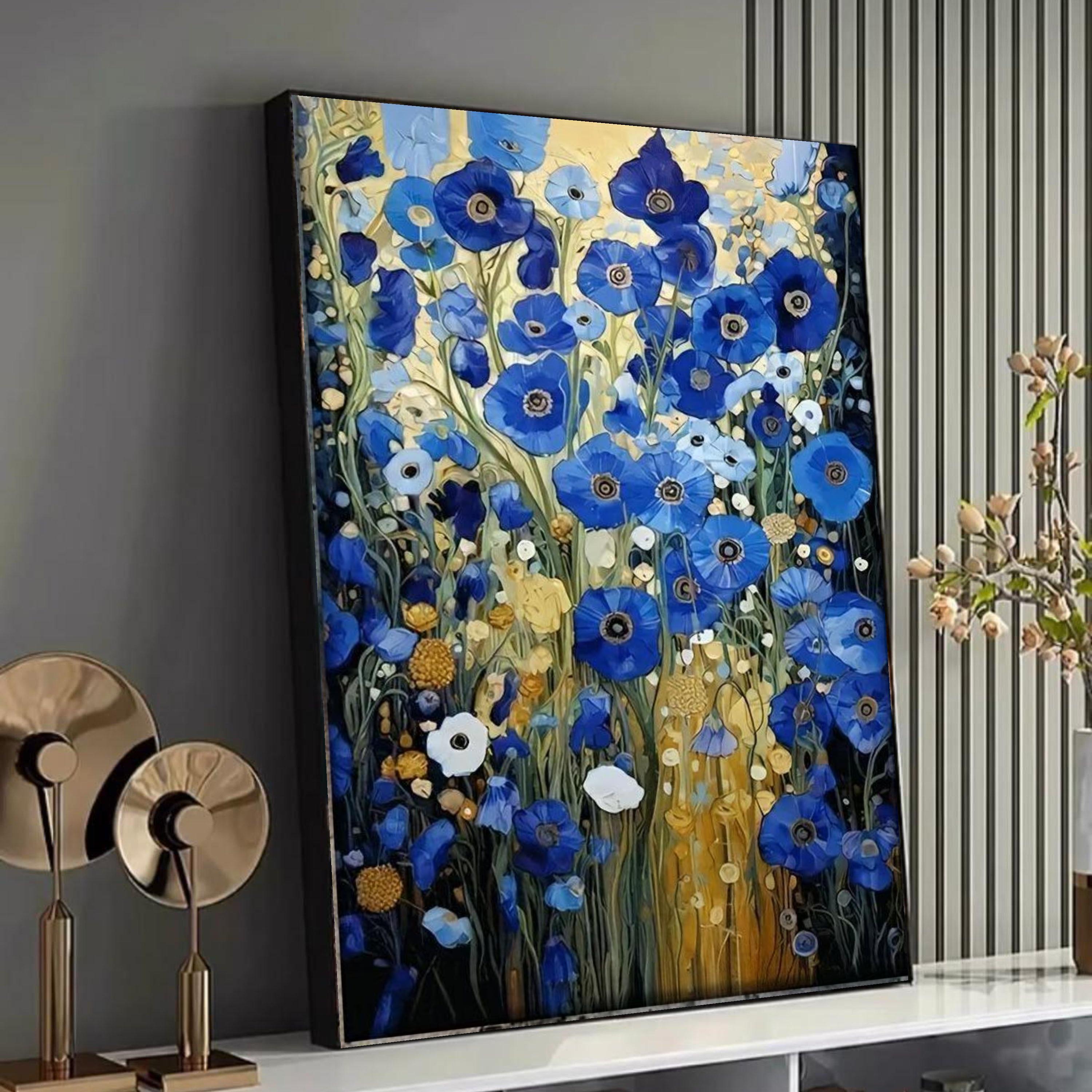 Gustav Klimt Floral Wall Art, Blue Poppy Flowers Canvas Art