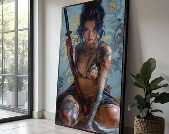 Tattooed Warrior Woman with Katana Sword Canvas Wall Art, Asian Samurai Girl Art, Bold Female Portrait, Modern Tattoo Design, Edgy Home