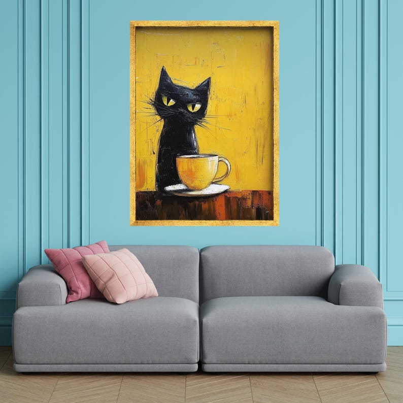 Gatto nero con tazza da caffè gialla su tela, stravagante opera d'arte murale, dipinto moderno di gatti, tela astratta di animali, accogliente arredamento per la casa, pronta da appendere immagine 3