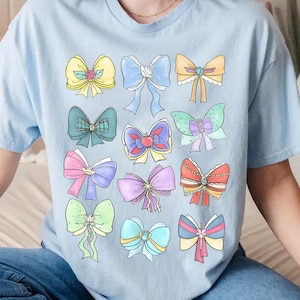 Coquette Bows Watercolor Disney Princess Shirt, Disney Aurora Ariel Belle Cinderella Tiana Tshirt, Disneyland Family Matching Vacation 2025
