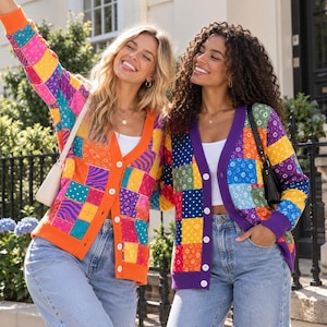 All-Over Print Knitted Cardigan: Vintage Patchwork Country Music Knitwear, Coat of Many Colors Cardigan Sweater