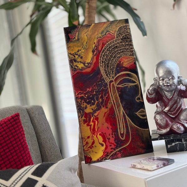 Original acrylic Buddha abstract on fluid art - fiery red and gold. Long narrow piece (10x20 inches) perfect for small space!