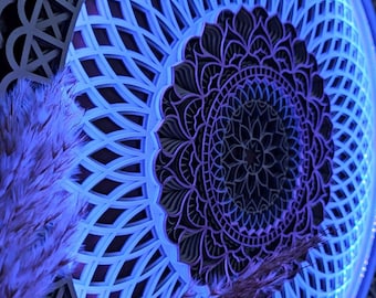 Flower Mandala LED Wall Light 3D Layered Decor, Backlit Boho Sacred Geometry, Small Sizes 20–28 Inch (50–70 cm)