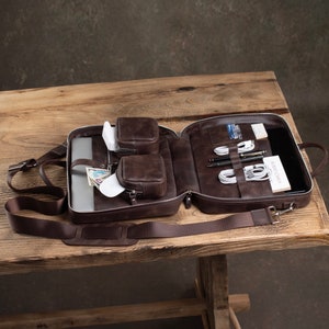 Sac pour ordinateur portable en cuir marron - Porte-documents en cuir fait main - Organiseur de voyage - 14 pouces et 16 pouces