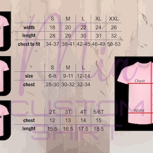 May include: A size chart for unisex, youth, and toddler t-shirts. The chart shows the width, length, and chest measurements for each size. The chart is printed on a pink background.