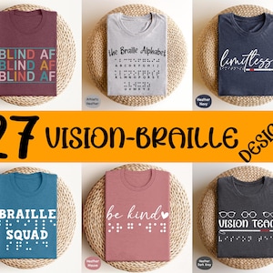 May include: A collection of six t-shirts with braille and text designs. The shirts are in various colors, including maroon, gray, navy, teal, and mauve. Each shirt features a unique design, such as "Blind AF," "Braille Alphabet," and "Vision Team."