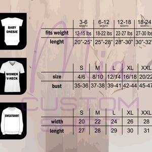 K&ouml;nnte beinhalten: Eine Gr&ouml;&szlig;entabelle mit Ma&szlig;en f&uuml;r Baby-Bodys, Damen-V-Ausschnitt-Shirts und Sweatshirts. Die Tabelle enth&auml;lt die Gr&ouml;&szlig;en S bis XXL mit Brust-, Breiten- und L&auml;ngenma&szlig;en in Zoll. Au&szlig;erdem sind Gewicht und L&auml;nge f&uuml;r Baby-Bodys angegeben.