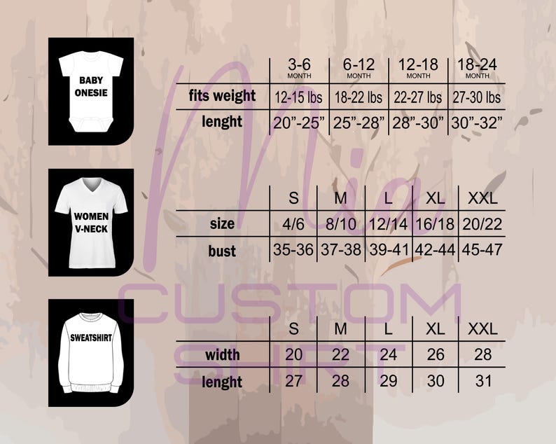 K&ouml;nnte beinhalten: Eine Gr&ouml;&szlig;entabelle mit Ma&szlig;en f&uuml;r Baby-Bodys, Damen-V-Ausschnitt-Shirts und Sweatshirts. Die Tabelle enth&auml;lt die Gr&ouml;&szlig;en S bis XXL mit Brust-, Breiten- und L&auml;ngenma&szlig;en in Zoll. Au&szlig;erdem sind Gewicht und L&auml;nge f&uuml;r Baby-Bodys angegeben.