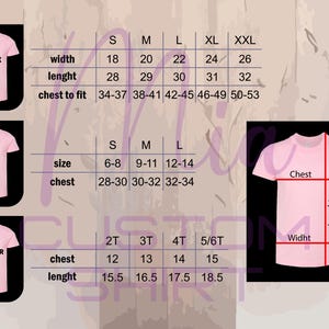 K&ouml;nnte beinhalten: Rosa T-Shirt-Gr&ouml;&szlig;entabelle mit Ma&szlig;en f&uuml;r Unisex-, Jugend- und Kleinkindgr&ouml;&szlig;en. Enth&auml;lt Breiten-, L&auml;ngen- und Brustma&szlig;e in Zentimetern. Die Tabelle zeigt auch Brustumfang-Ma&szlig;e.