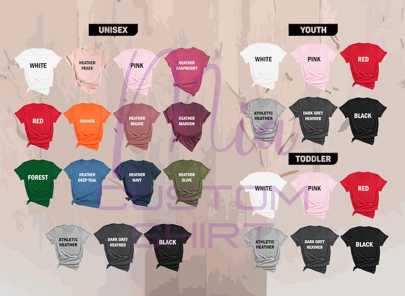 K&ouml;nnte beinhalten: Eine Auswahl an T-Shirts in verschiedenen Farben, darunter Wei&szlig;, Rot, Rosa und Schwarz. Die Shirts sind nach Gr&ouml;&szlig;en kategorisiert: Unisex, Jugend und Kleinkind. Jedes Shirt hat ein Etikett mit seiner Farbe oder seinem Stil, wie "Heather Peace" oder "Heather Navy".