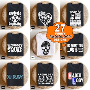 以下が含まれることがあります： Tシャツ用の面白い放射線科のデザイン27点セット。デザインには、放射線科に関連するユーモラスな言葉や画像が盛り込まれており、「ポジティブさを放射する」、「放射線科チーム」、「X線」、「放射線技師に嘘をつくな」、「好きなことをする」、「放射線科 あなたがポーズをとる - 私たちが露出する」、「放射線科」などがあります。