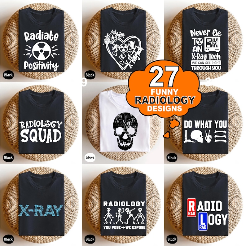 以下が含まれることがあります： Tシャツ用の面白い放射線科のデザイン27点セット。デザインには、放射線科に関連するユーモラスな言葉や画像が盛り込まれており、「ポジティブさを放射する」、「放射線科チーム」、「X線」、「放射線技師に嘘をつくな」、「好きなことをする」、「放射線科 あなたがポーズをとる - 私たちが露出する」、「放射線科」などがあります。