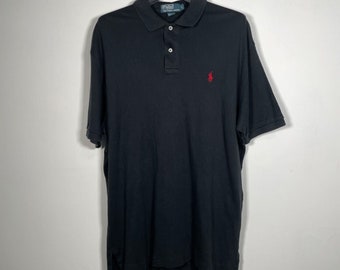 Polo Ralph Lauren Vintage Schwarz aus Baumwolle mit rotem Mini-Logo-Kragen für Herren, Größe L, normale Passform, kurzärmlig