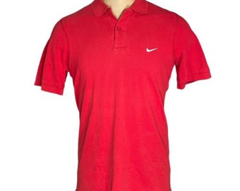 Nike Vintage Rotes Kurzarm-Poloshirt mit Drei-Knopf-Kragen für Herren-Sportbekleidung mit Swoosh-Logo aus Sommerbaumwolle – Größe M