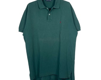 Polo Ralph Lauren Vintage Kurzarm-T-Shirt aus grüner Baumwolle mit rotem Mini-Logo, Herren-T-Shirt mit Kragen, Old-Money-Stil, aus zweiter Hand