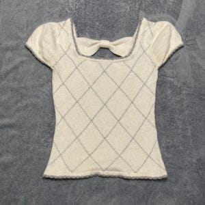Japanese brand white soft coquette knit argyle top