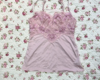 Canotta rosa a fiori di marca giapponese / Canotta vintage con bordo in pizzo stile coquette / Canotta romantica con stampa floreale