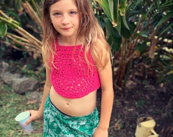 Crochet Mandala boho crop top - reversible festival fringe top, child's mandala flower fringe crop top, summer top, hippie child top,