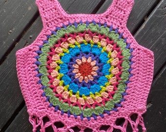 Crochet Mandala vest boho crop top - festival fringe top, child's mandala flower fringe crop top, summer top, hippie child top,