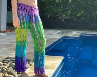 Crochet festival boho pants - hippy pants, festival clothing, beach pants, crochet beachwear, yoga pants, dance doof pants, wide leg pants