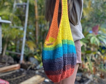 Crochet Marley Market Bag - crochet market bag, crochet bag, boho bag, hippy bag, ombre yarn, festival bag, tote bag, beach bag, rainbow bag