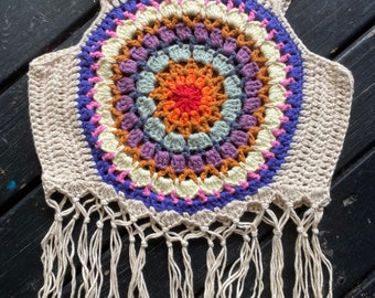 Crochet Mandala vest boho crop top - festival fringe top, child's mandala flower fringe crop top, summer top, hippie child top,